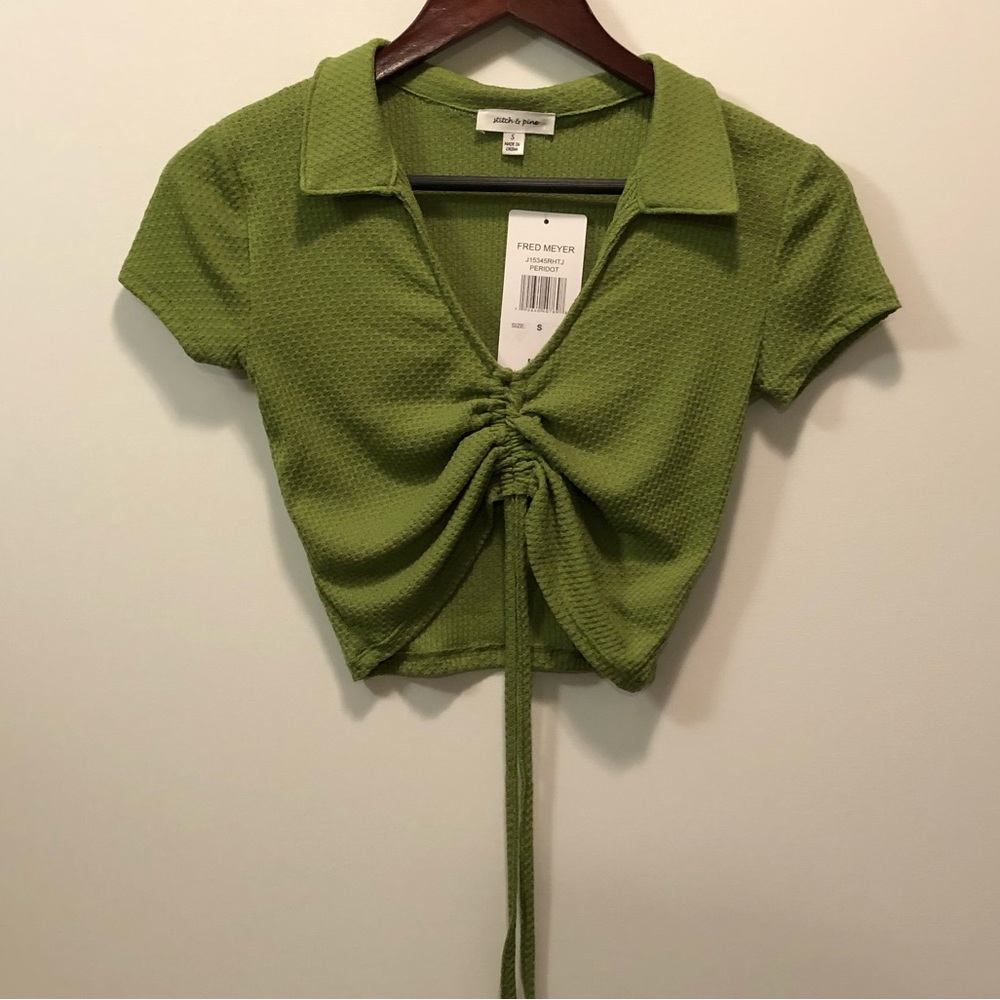 Stitch & Pine Collar Short Sleeve Waffle Knit Crop Top Peridot New S